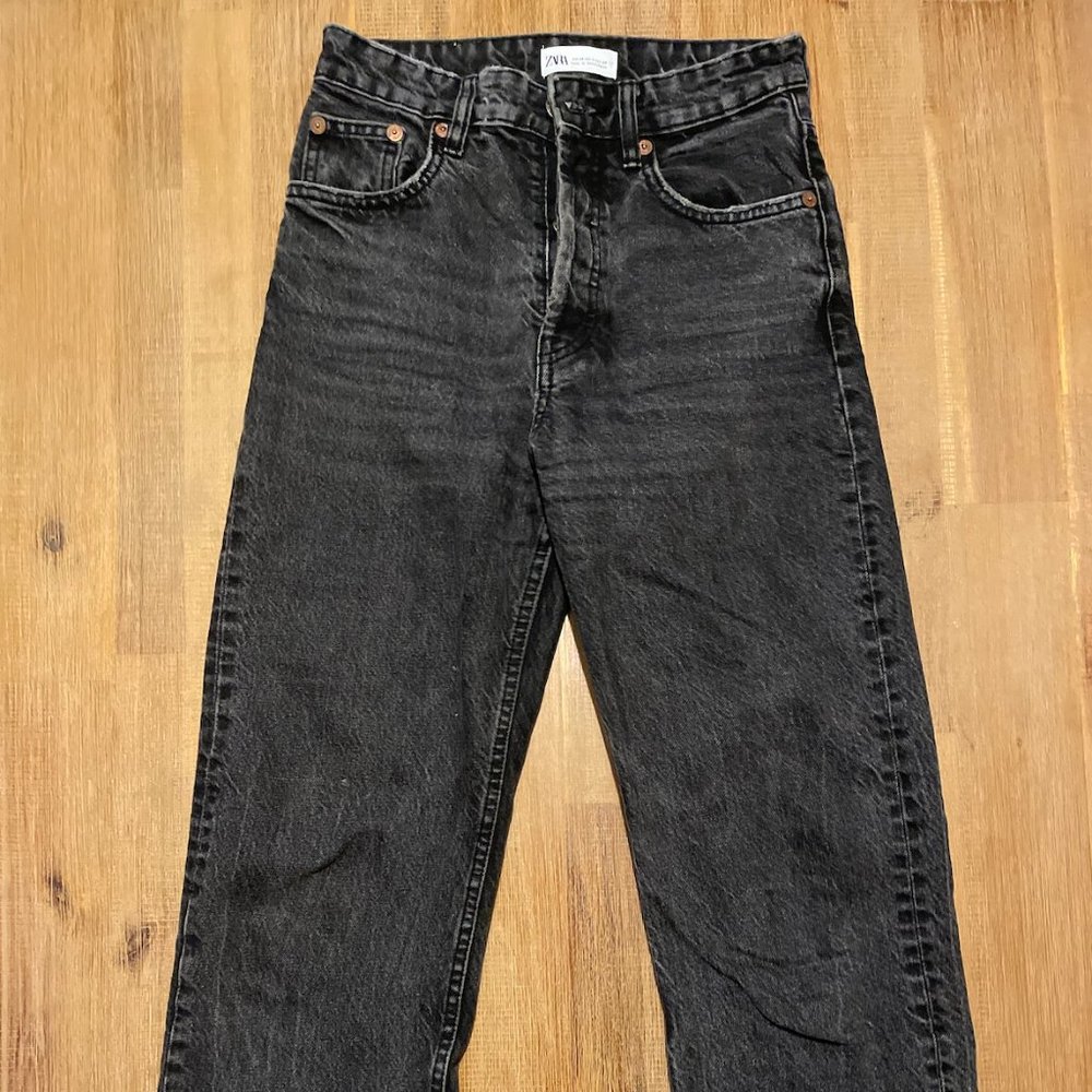 Zara High Waisted Raw Hem Cropped Straight Leg Jeans